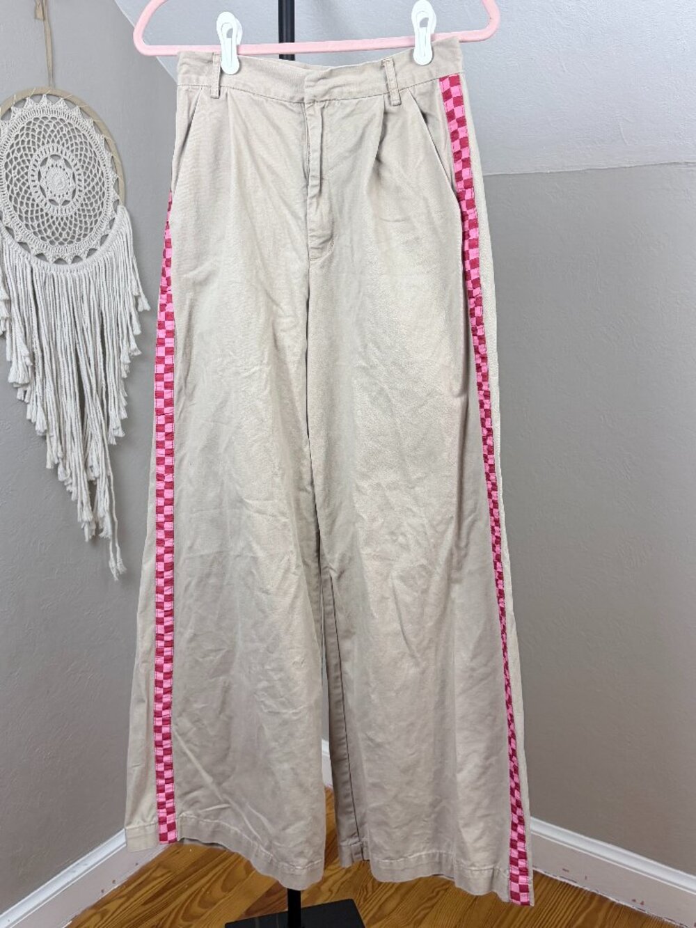 Lazy Oaf | Beige Pink Checkered Side Stripe High Waisted Wide Leg Pleated Chino